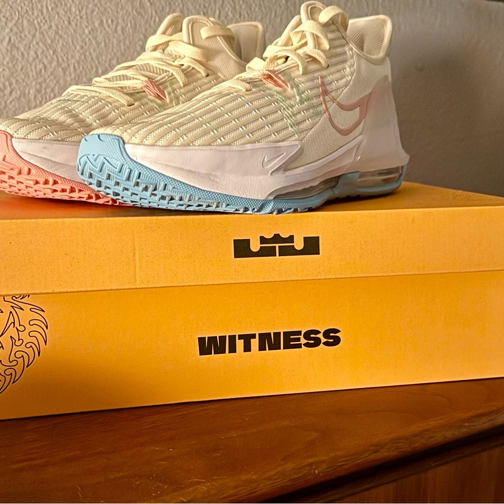 Nike LeBron Witness Cream Sneakers with Pink and Blue Soles
